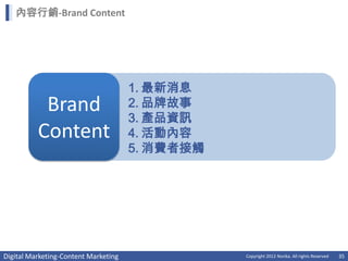 內容行銷-Brand Content




                                      1. 最新消息
           Brand                      2. 品牌故事
                                      3. 產品資訊
          Content                     4. 活動內容
                                      5. 消費者接觸




Digital Marketing-Content Marketing              Copyright 2012 Norika. All rights Reserved   35
 
