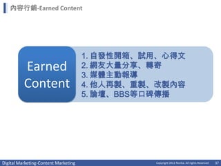 內容行銷-Earned Content




                                      1. 自發性開箱、試用、心得文
          Earned                      2. 網友大量分享、轉寄
                                      3. 媒體主動報導
          Content                     4. 他人再製、重製、改製內容
                                      5. 論壇、BBS等口碑傳播




Digital Marketing-Content Marketing             Copyright 2012 Norika. All rights Reserved   37
 