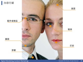 內容行銷

                                                                造型




        配件或物品



                                                         眼神



     臉型


                                                             打扮

             穿著




Digital Marketing-Content Marketing   Copyright 2012 Norika. All rights Reserved   49
 