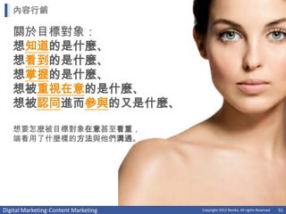 內容行銷

   關於目標對象：
   想知道的是什麼、
   想看到的是什麼、
   想掌握的是什麼、
   想被重視在意的是什麼、
   想被認同進而參與的又是什麼、

   想要怎麼被目標對象在意甚至看重，
   端看用了什麼樣的方法與他們溝通。




Digital Marketing-Content Marketing   Copyright 2012 Norika. All rights Reserved   51
 