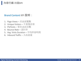 內容行銷-相關KPI



    Brand Content KPI 說明：

    1.   Page Views – 頁面流覽數
    2.   Unique Visitors – 不重複訪客
    3.   PV/Visits – 單次造訪頁數
    4.   Bounce Rate – 退回率
    5.   Avg. Visits Duration – 平均停留時間
    6.   Inbound Traffic – 入站流量




Digital Marketing-Content Marketing      Copyright 2012 Norika. All rights Reserved   59
 