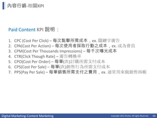 內容行銷-相關KPI



    Paid Content KPI 說明：

    1.   CPC (Cost Per Click) – 每次點擊所需成本，ex. 關鍵字廣告
    2.   CPA(Cost Per Action) – 每次使用者採取行動之成本，ex. 成為會員
    3.   CPM(Cost Per Thousands Impressions) – 每千次曝光成本
    4.   CTR(Click Though Rate) – 廣告轉換率
    5.   CPO(Cost Per Order) – 每筆(次)訂購所需支付成本
    6.   CPS(Cost Per Sale) – 每筆(次)銷售行為所需支付成本
    7.   PPS(Pay Per Sale) – 每筆銷售所需支付之費用，ex. 通常用來做銷售拆帳




Digital Marketing-Content Marketing      Copyright 2012 Norika. All rights Reserved   60
 