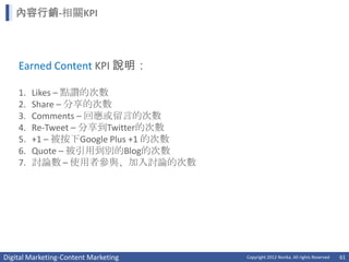 內容行銷-相關KPI



    Earned Content KPI 說明：

    1.   Likes – 點讚的次數
    2.   Share – 分享的次數
    3.   Comments – 回應或留言的次數
    4.   Re-Tweet – 分享到Twitter的次數
    5.   +1 – 被按下Google Plus +1 的次數
    6.   Quote – 被引用到別的Blog的次數
    7.   討論數 – 使用者參與、加入討論的次數




Digital Marketing-Content Marketing   Copyright 2012 Norika. All rights Reserved   61
 