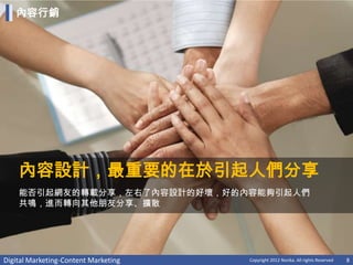 內容行銷




    內容設計，最重要的在於引起人們分享
    能否引起網友的轉載分享，左右了內容設計的好壞，好的內容能夠引起人們
    共鳴，進而轉向其他朋友分享、擴散




Digital Marketing-Content Marketing   Copyright 2012 Norika. All rights Reserved   8
 