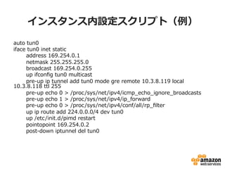 インスタンス内設定スクリプト（例例）
auto  tun0
iface  tun0  inet  static
              address  169.254.0.1
              netmask  255.255.255.0
              broadcast  169.254.0.255
              up  ifconﬁg  tun0  multicast
              pre-‐‑‒up  ip  tunnel  add  tun0  mode  gre  remote  10.3.8.119  local  
10.3.8.118  ttl  255
              pre-‐‑‒up  echo  0  >  /proc/sys/net/ipv4/icmp_̲echo_̲ignore_̲broadcasts
              pre-‐‑‒up  echo  1  >  /proc/sys/net/ipv4/ip_̲forward
              pre-‐‑‒up  echo  0  >  /proc/sys/net/ipv4/conf/all/rp_̲ﬁlter
              up  ip  route  add  224.0.0.0/4  dev  tun0
              up  /etc/init.d/pimd  restart
              pointopoint  169.254.0.2
              post-‐‑‒down  iptunnel  del  tun0
 