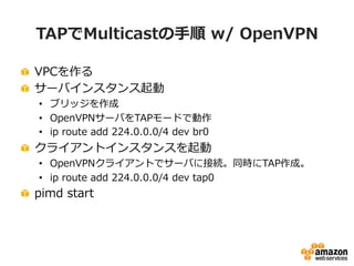 TAPでMulticastの⼿手順  w/  OpenVPN
!   VPCを作る
!   サーバインスタンス起動
•  ブリッジを作成
•  OpenVPNサーバをTAPモードで動作
•  ip  route  add  224.0.0.0/4  dev  br0
!   クライアントインスタンスを起動
•  OpenVPNクライアントでサーバに接続。同時にTAP作成。
•  ip  route  add  224.0.0.0/4  dev  tap0
! pimd  start
 