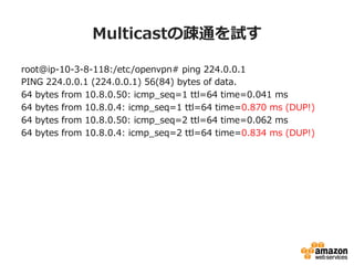 Multicastの疎通を試す
root@ip-‐‑‒10-‐‑‒3-‐‑‒8-‐‑‒118:/etc/openvpn#  ping  224.0.0.1
PING  224.0.0.1  (224.0.0.1)  56(84)  bytes  of  data.
64  bytes  from  10.8.0.50:  icmp_̲seq=1  ttl=64  time=0.041  ms
64  bytes  from  10.8.0.4:  icmp_̲seq=1  ttl=64  time=0.870  ms  (DUP!)
64  bytes  from  10.8.0.50:  icmp_̲seq=2  ttl=64  time=0.062  ms
64  bytes  from  10.8.0.4:  icmp_̲seq=2  ttl=64  time=0.834  ms  (DUP!)
 