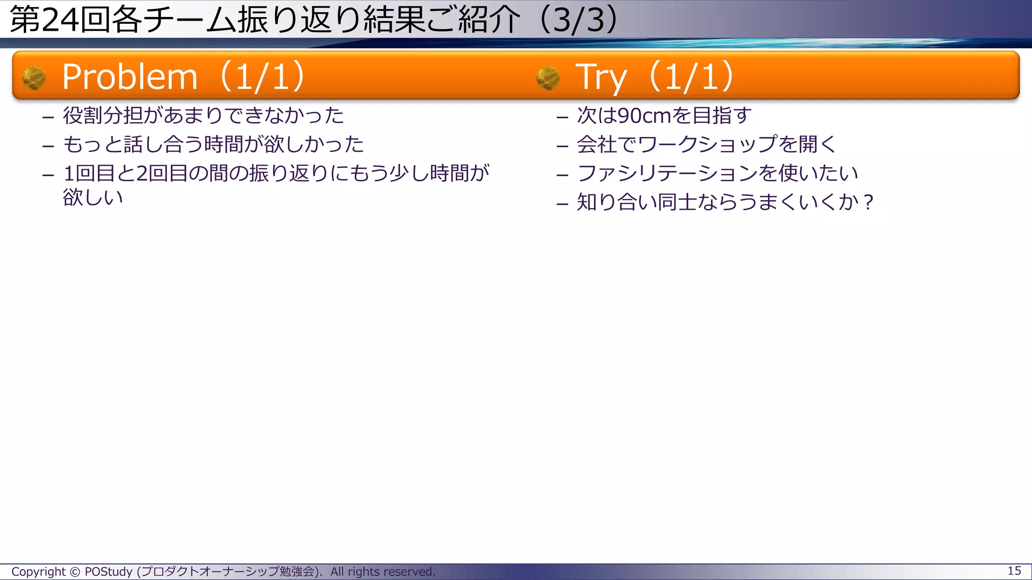 第24回各チーム振り返り結果ご紹介（3/3）
Problem（1/1）
– 役割分担があまりできなかった
– もっと話し合う時間が欲しかった
– 1回目と2回目の間の振り返りにもう少し時間が
欲しい
Try（1/1）
– 次は90cmを目指す
– 会社でワークショップを開く
– ファシリテーションを使いたい
– 知り合い同士ならうまくいくか？
15Copyright © POStudy (プロダクトオーナーシップ勉強会). All rights reserved.
 