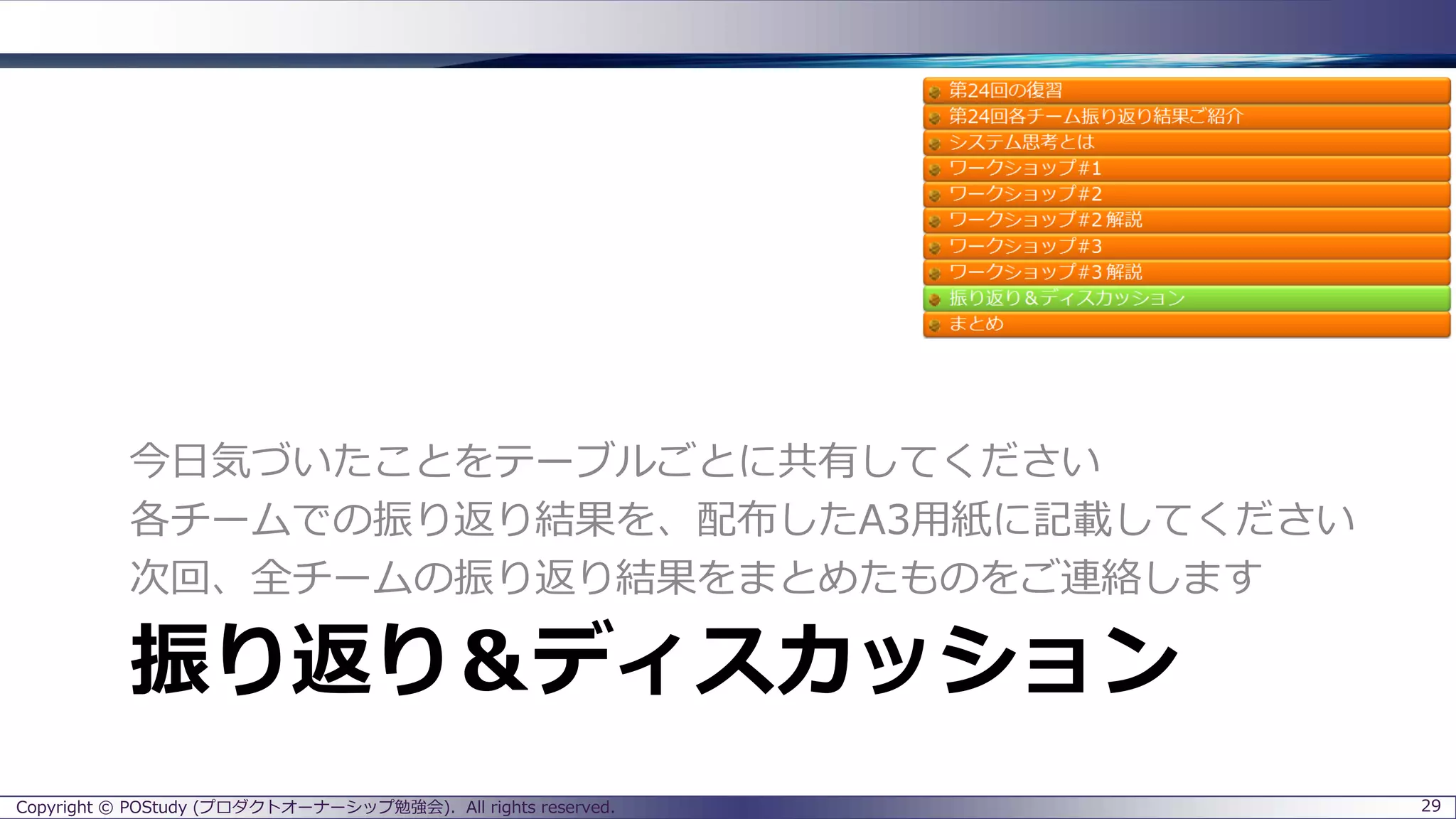 振り返り＆ディスカッション
今日気づいたことをテーブルごとに共有してください
各チームでの振り返り結果を、配布したA3用紙に記載してください
次回、全チームの振り返り結果をまとめたものをご連絡します
Copyright © POStudy (プロダクトオーナーシップ勉強会). All rights reserved. 29
 