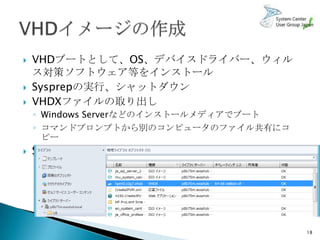    VHDブートとして、OS、デバイスドライバー、ウィル
    ス対策ソフトウェア等をインストール
   Sysprepの実行、シャットダウン
   VHDXファイルの取り出し
    ◦ Windows Serverなどのインストールメディアでブート
    ◦ コマンドプロンプトから別のコンピュータのファイル共有にコ
      ピー
   SC 2012 VMMのライブラリへVHD登録




                                        18
 