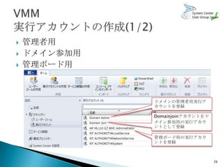    管理者用
   ドメイン参加用
   管理ボード用



              ドメインの管理者用実行ア
              カウントを登録

              Domainjoinアカウントをド
              メイン参加用の実行アカウ
              ントとして登録

              管理ボード用の実行アカウ
              ントを登録



                                  26
 