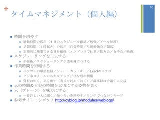 +                                                      10

    タイムマネジメント（個人編）

       時間を増やす
             通勤時間の活用（１日のスケジュール確認／勉強／メール処理）
             早朝時間（４時起き）の活用（自分時間／早朝勉強会／朝活）
             定期的に残業できる日を確保（エンドレスで仕事／飲み会／女子会／映画）
       スケジューリングを工夫する
             手帳術／スケジューリング手法を身につける
       作業時間を短縮する
             パソコンの単語登録／ショートカットキー／Execlのマクロ
             ビジネスメールのスキルアップ／ひな形の利用
             資料は短く、早く出す（書式を貯めておく）／議事録は会議中に完成
       人の時間＆自分の時間を大切にする姿勢を貫く
       人（ブレーン）を味方にする
             一番詳しい人に聞く／知り合いを増やす／ランチでつながりキープ
       参考サイト：シゴタノ http://cyblog.jp/modules/weblogs/
 