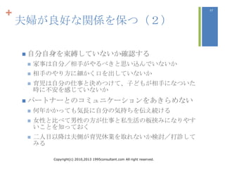 +                                                                           17



    夫婦が良好な関係を保つ（２）

     自分自身を束縛していないか確認する
        家事は自分／相手がやるべきと思い込んでいないか
        相手のやり方に細かく口を出していないか
        育児は自分の仕事と決めつけて、子どもが相手になついた
         時に不安を感じていないか
     パートナーとのコミュニケーションをあきらめない
        何年かかっても気長に自分の気持ちを伝え続ける
        女性と比べて男性の方が仕事と私生活の板挟みになりやす
         いことを知っておく
        二人目以降は夫側が育児休業を取れないか検討／打診して
         みる

            Copyright(c) 2010,2013 1995consultant.com All right reserved.
 