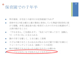 +                                        23

    保育園での７年半

       11月復帰、自宅近くの認可には定員超過で入れず
       育休中月に1度土曜日に親子教室に参加していた無認可保育所に預
        けて復職。非常に満足度の高い保育だったのでそのまま転園せず二
        人預け続けることに
       「すみません、◯分遅れます」「気をつけて帰ってきて（運転し
        て）くださいね」に支えられる
       親の子育てを優しく、ときに厳しく指導
       子どもの様子をたくさん伝えれば伝えるほど園での様子を細かく
        フィードバックしてくれる（連絡ノートの活用）
       娘が卒園式で大人になったら何になりたいか聞かれ
         「ママみたいな『会社の人』になりたい」
 