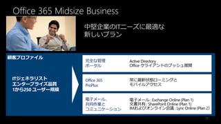 Office 365 Midsize Business



顧客プロファイル
                   完全な管理        Active Directory
                   ポータル         Office クライアントのプッシュ展開


 ITジェネラリスト         Office 365   常に最新状態ローミングと
 エンタープライズ品質        ProPlus      モバイルアクセス
 1から250 ユーザー規模

                   電子メール、       電子メール : Exchange Online (Plan 1)
                   共同作業と        文書共有 : SharePoint Online (Plan 1)
                   コミュニケーション    IMおよびオンライン会議 : Lync Online (Plan 2）

                                                                17
 