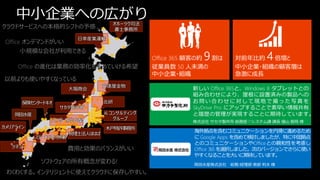 中小企業への広がり                        オホーツク司法
クラウドサービスへの本格的シフトの予感                   書士事務所
                          日幸産業運輸
 Office オンデマンドがいい
     小規模な会社が利用できる

    Office の進化は業務の効率化を進めていける希望

以前よりも使いやすくなっている
                                   安達屋金物
                        大堀商会

         保険センタートキオ                 北研
                     サカタ製作所
   岡田水産                            i6 コンサルティング
                 ワインツーリズム山梨            グループ
カメリアライン                            木戸特許事務所
                        税理士法人ほはば
            ステーキハウス神楽
   ツネミ                  費用と効果のバランスがいい

              ソフトウェアの所有概念が変わる!
 わくわくする。インテリジェントに使えてクラウドに保存しやすい。
 