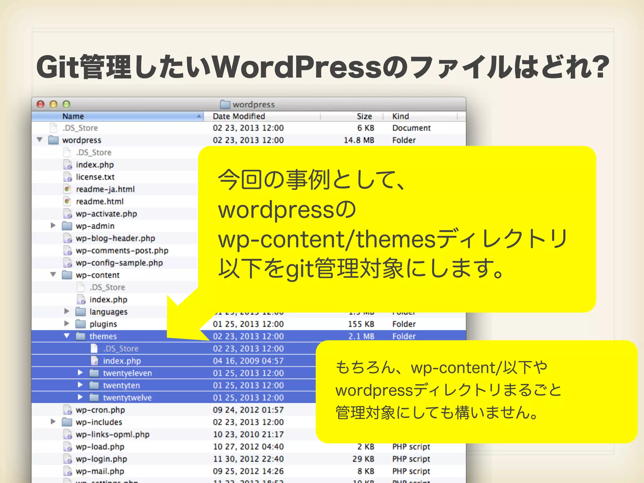 Git管理したいWordPressのファイルはどれ? 今回の事例として、 wordpressの wp-content/themesディレクトリ 以下をgit管理対象にします。 もちろん、wp-content/以下や wordpressディレクトリまるごと 管理対象にしても構いません。 