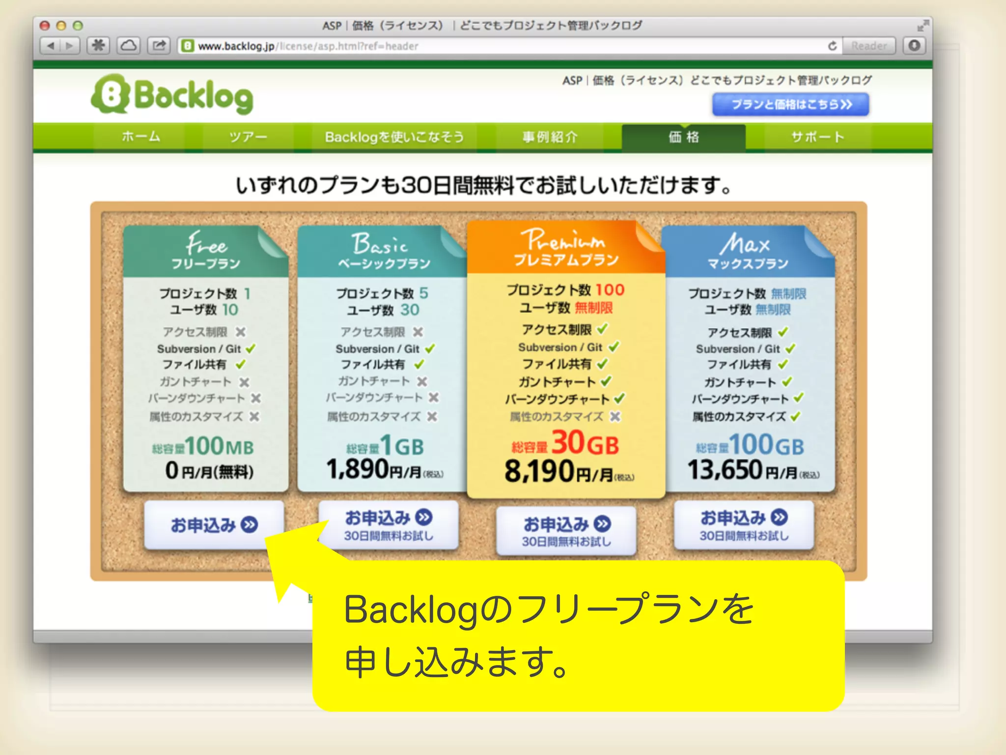 Backlogのフリープランを 申し込みます。 