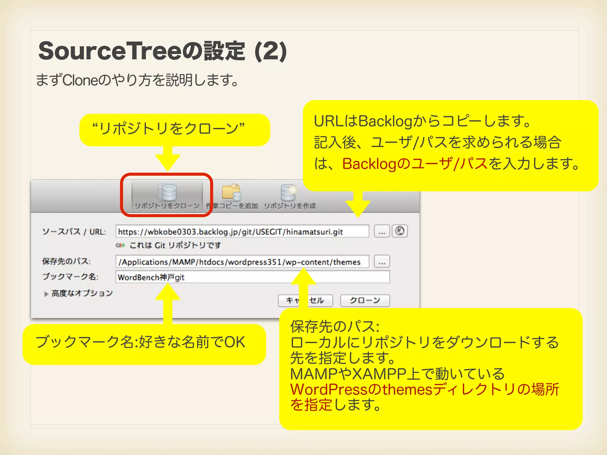 SourceTreeの設定 (2) まずCloneのやり方を説明します。 URLはBacklogからコピーします。 リポジトリをクローン 記入後、ユーザ/パスを求められる場合 は、Backlogのユーザ/パスを入力します。 保存先のパス: ブックマーク名:好きな名前でOK ローカルにリポジトリをダウンロードする 先を指定します。 MAMPやXAMPP上で動いている WordPressのthemesディレクトリの場所 を指定します。 