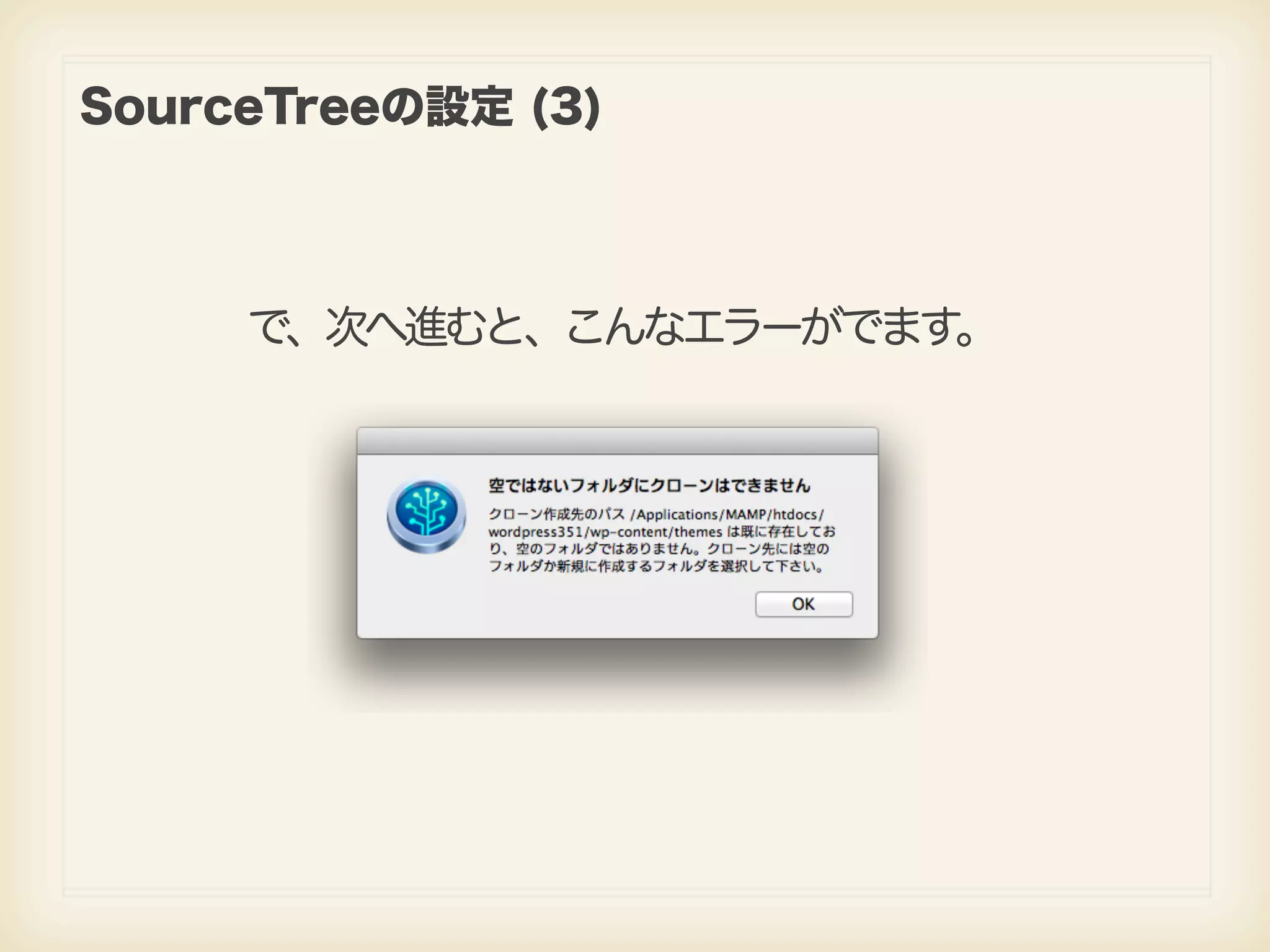 SourceTreeの設定 (3) で、次へ進むと、こんなエラーがでます。 