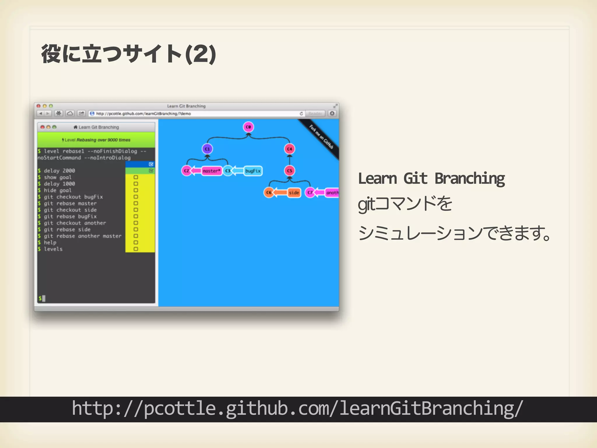 役に立つサイト(2) Learn  Git  Branching gitコマンドを シミュレーションできます。 http://pcottle.github.com/learnGitBranching/ 