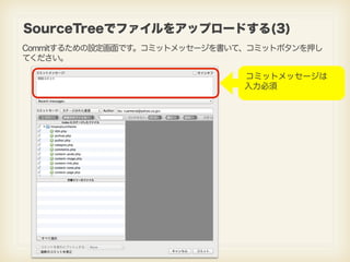 SourceTreeでファイルをアップロードする(3)
Commitするための設定画面です。コミットメッセージを書いて、コミットボタンを押し
てください。

                               コミットメッセージは
 ...