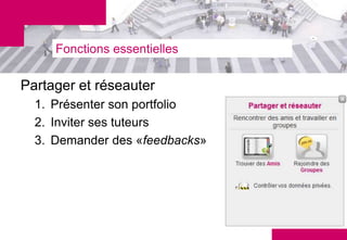Fonctions essentielles

Partager et réseauter
  1. Présenter son portfolio
  2. Inviter ses tuteurs
  3. Demander des «feedbacks»
 