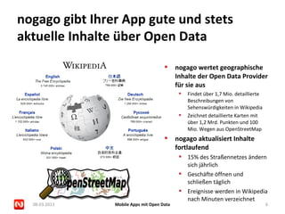 nogago gibt Ihrer App gute und stets
aktuelle Inhalte über Open Data

                                           nogago wertet geographische
                                            Inhalte der Open Data Provider
                                            für sie aus
                                                Findet über 1,7 Mio. detaillierte
                                                 Beschreibungen von
                                                 Sehenswürdigkeiten in Wikipedia
                                                Zeichnet detaillierte Karten mit
                                                 über 1,2 Mrd. Punkten und 100
                                                 Mio. Wegen aus OpenStreetMap
                                           nogago aktualisiert Inhalte
                                            fortlaufend
                                              15% des Straßennetzes ändern
                                               sich jährlich
                                              Geschäfte öffnen und
                                               schließen täglich
                                              Ereignisse werden in Wikipedia
                                               nach Minuten verzeichnet
  08.03.2013    Mobile Apps mit Open Data                                            6
 