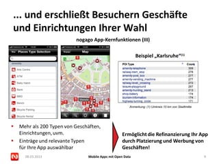 ... und erschließt Besuchern Geschäfte
und Einrichtungen Ihrer Wahl
               nogago App-Kernfunktionen (III)

                                                Beispiel „Karlsruhe“(1)




                                            Anmerkung: (1) Umkreis 10 km von Stadtmitte




  08.03.2013        Mobile Apps mit Open Data                                             9
 