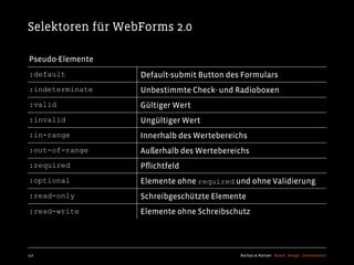 Selektoren für WebForms 2.0

Pseudo-Elemente
:default          Default-submit Button des Formulars
:indeterminate    Unbestimmte Check- und Radioboxen
:valid            Gültiger Wert
:invalid          Ungültiger Wert
:in-range         Innerhalb des Wertebereichs
:out-of-range     Außerhalb des Wertebereichs
:required         Pﬂichtfeld
:optional         Elemente ohne required und ohne Validierung
:read-only        Schreibgeschützte Elemente
:read-write       Elemente ohne Schreibschutz




117                                        Kochan & Partner Brand Design Development
 