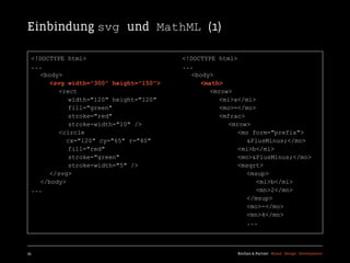 Einbindung svg und MathML (1)

  <!DOCTYPE html>                       <!DOCTYPE html>
  ...                                   ...
    <body>                                <body>
       <svg width="300" height="150">        <math>
         <rect                                 <mrow>
            width="120" height="120"              <mi>x</mi>
            fill="green"                          <mo>=</mo>
            stroke="red"                          <mfrac>
            stroke-width="10" />                    <mrow>
         <circle                                       <mo form="prefix">
           cx="120" cy="65" r="40"                        &PlusMinus;</mo>
            fill="red"                                 <mi>b</mi>
            stroke="green"                             <mo>&PlusMinus;</mo>
            stroke-width="5" />                        <msqrt>
       </svg>                                             <msup>
    </body>                                                 <mi>b</mi>
  ...                                                       <mn>2</mn>
                                                          </msup>
                                                          <mo>-</mo>
                                                          <mn>4</mn>
                                                          ...



25                                                     Kochan & Partner Brand Design Development
 