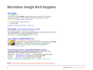 Microdata: Google Rich Snippets




Quelle: http://support.google.com/webmasters/bin/answer.py?hl=de&answer=99170


65                                                                              Kochan & Partner Brand Design Development
 