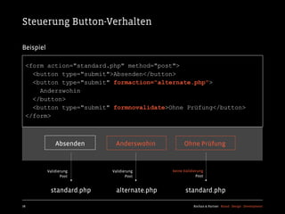 Steuerung Button-Verhalten

Beispiel

  <form action="standard.php" method="post">
    <button type="submit">Absenden</button>
    <button type="submit" formaction="alternate.php">
      Anderswohin
    </button>
    <button type="submit" formnovalidate>Ohne Prüfung</button>
  </form>



               Absenden      Anderswohin           Ohne Prüfung



           Validierung     Validierung       keine Validierung
                  Post            Post                    Post


            standard.php     alternate.php          standard.php

78                                                      Kochan & Partner Brand Design Development
 