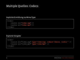 Multiple Quellen: Codecs


Implizite Ermittlung via Mime-Type
  <video>
      <source src="video.ogg" />
      <source src="video.mp4" />
  </video>




Explizite Vorgabe

  <video>
      <source src="video.ogg" type="video/ogg; codecs='theora, vorbis'" />
      <source src="video.mp4" type="video/mp4" />
  </video>




92                                                     Kochan & Partner Brand Design Development
 