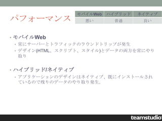 モバイルWeb   ハイブリッド   ネイティブ
パフォーマンス            悪い        普通      良い



• モバイルWeb
  • 常にサーバーとトラフィックのラウンドトリップが発生
  • デザイン(HTML、スクリプト、スタイル)とデータの両方を常にやり
    取り


• ハイブリッド/ネイティブ
  • アプリケーションのデザインはネイティブ、既にインストールされ
    ているので残りのデータのやり取り発生。
 