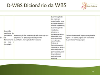 D-WBS Dicionário da WBS
                                                                     Quantificação da
                                                                     dos materiais
                                                                     especificados para
                                                                     acesso e segurança
                                                                     da rede corporativa;
                                                                     Quantificação de
                                                                     notebooks,
      Descrição
                                                                     telefones e
      detalhada de
                                                                     softwares a serem
      parametros Especificação dos materiais de rede para acesso e                        Carimbo de aprovado impresso na primeira
                                                                     fornecidos para
1.4.2 de           segurança da rede corporativa e planilha                               página e na última página com assinatura
                                                                     trabalho remoto
      fornecimento quantitativa. Indicação de fornecedores                                do gerente de TI e aquisiçoes
                                                                     especificados.
      de rede e
                                                                     Análise de
      tecnologia
                                                                     fornecedores com
                                                                     capacitação técnica
                                                                     de acordo com as
                                                                     politicas de suporte
                                                                     de acordo com
                                                                     parametros da
                                                                     empresa




                                                                                                                              46
 