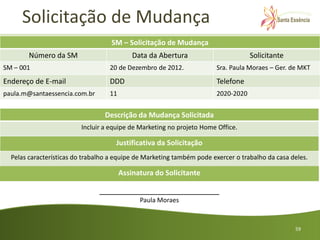 Solicitação de Mudança
                                    SM – Solicitação de Mudança
        Número da SM                        Data da Abertura                        Solicitante
SM – 001                           20 de Dezembro de 2012.              Sra. Paula Moraes – Ger. de MKT
Endereço de E-mail                 DDD                                  Telefone
paula.m@santaessencia.com.br       11                                   2020-2020


                                  Descrição da Mudança Solicitada
                         Incluir a equipe de Marketing no projeto Home Office.

                                     Justificativa da Solicitação
  Pelas características do trabalho a equipe de Marketing também pode exercer o trabalho da casa deles.

                                        Assinatura do Solicitante

                                ___________________________
                                              Paula Moraes



                                                                                                  59
 