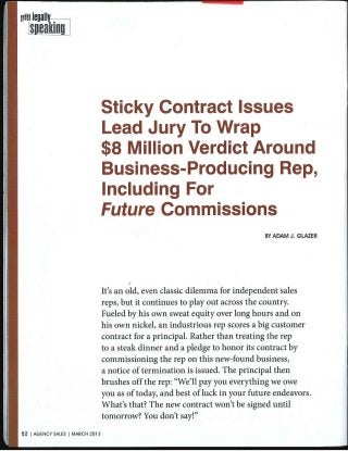 Sticky Contract Issues Lead Jury to Wrap $8 Million Verdict Around Business Producing Rep, Including for Future Commissions