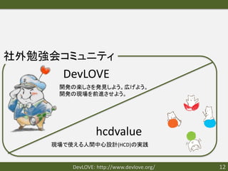 社外勉強会コミュニティ
      DevLOVE
     開発の楽しさを発見しよう。広げよう。
     開発の現場を前進させよう。




                hcdvalue
    現場で使える人間中心設計(HCD)の実践


        DevLOVE: http://www.devlove.org/   12
 