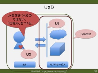 UXD
UX自体をつくるの
  ではない。
「仕組み」をつくる。                       UI

                                               Context




       UX

      ヒト                    モノやサービス

            DevLOVE: http://www.devlove.org/             38
 
