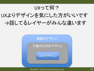 UXって何？
UXよりデザインを気にした方がいいです
 →話してるレイヤーがみんな違います

            組織のデザイン

        行動のためのデザイン


              UIのデザイン



      DevLOVE: http://www.devlove.org/   40
 