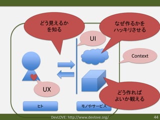 どう見えるか                                   なぜ作るかを
  を知る                                    ハッキリさせる
                           UI

                                            Context




 UX                                       どう作れば
                                         よいか観える
ヒト                    モノやサービス

      DevLOVE: http://www.devlove.org/                44
 