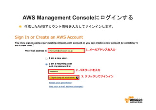 にログインする
AWS Management Consoleにログインする
作成したAWSアカウント情報を入力してサインインします。




                   1. メールアドレスを⼊⼒




               2. パスワードを⼊⼒

                 3. クリックしてサインイン
 