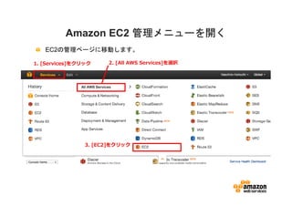 Amazon EC2 管理メニューを開く
   EC2の管理ページに移動します。

1. [Services]をクリック    2. [All AWS Services]を選択




                3. [EC2]をクリック
 
