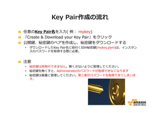 Key Pair作成の流れ

任意のKey Pair名を⼊⼒( 例： mykey)
「Create & Download your Key Pair」をクリック
公開鍵、秘密鍵のペアを作成し、秘密鍵をダウンロードする
•   ダウンロードしたKey Pair名に紐付くSSH秘密鍵(mykey.pem)は、インスタン
    スのパスワードを取得する際に必要。


注意
•   秘密鍵は再発⾏できません。無くさないように管理してください。
•   秘密鍵を無くすと、Administratorのパスワードが取得できなくなります
•   秘密鍵は厳重に管理してください。第三者がパスワードを取得できてしまいま
    す。
 