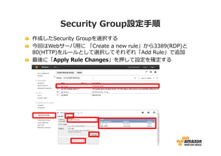 Security Group設定手順
作成したSecurity Groupを選択する
今回はWebサーバ用に 「Create a new rule」から3389(RDP)と
80(HTTP)をルールとして選択してそれぞれ「Add Rule」で追加
最後に「Apply Rule Changes」を押して設定を確定する
 