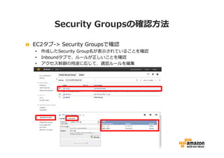 Security Groupsの確認方法

EC2タブ-> Security Groupsで確認
•   作成したSecurity Group名が表示されていることを確認
•   Inboundタブで、ルールが正しいことを確認
•   アクセス制御の用途に応じて、適宜ルールを編集
 