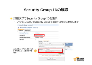Security Group IDの確認

詳細タブでSecurity Group IDを表示
 • アクセス元としてSecurity Groupを指定する場合に参照します




defaultグループからのアクセス   sg-0022bb01

を許可するルールを作成する
場合
 