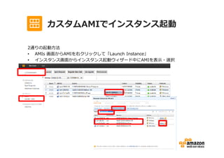 カスタムAMIでインスタンス起動

2通りの起動方法
• AMIs 画面からAMIを右クリックして「Launch Instance」
• インスタンス画面からインスタンス起動ウィザード中にAMIを表示・選択
 