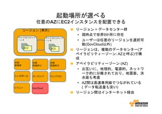 起動場所が選べる
               任意のAZに
               任意の にEC2インスタンスを配置できる
                       インスタンスを配置できる
      リージョン (東京)                    リージョン = データセンター群
                                    • 現時点で世界9か所に存在
 アベイラビリティゾ              アベイラビリティゾ
 ーン A                   ーン B        • ユーザーは任意のリージョンを選択可
                                      能(GovCloud以外)
       EC2                 EC2
                                    リージョンは、複数のデータセンター(ア
                                    ベイラビリティーゾーン: AZと呼ぶ)で構
                                    成
⽶国           ⽶国           ⽶国
東海岸          ⻄海岸①         ⻄海岸②
                                    アベイラビリティーゾーン (AZ)
                                    • お互いに、地理的、電源的、ネットワ
                                      ーク的に分離されており、地震面、洪
シンガポール       ヨーロッパ        サンパウロ
                                      水面も考慮
                                    • AZ間は高速専用線でつながれている
シドニー         GovCloud                 ( データ転送量も安い)
                                    リージョン間はインターネット経由
 